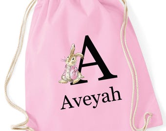 Personalised Rabbit Gym Bag, 100% Cotton Drawstring Bag-Pink coat