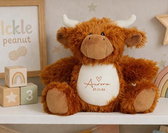 Personalised Highland Cow Teddy | Soft Plush Toy, Custom Name, Baby Keepsake, Nursery Plush