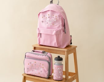 Personalised Name Backpack Rucksack and lunch bag set -  Children's Back to School Bag - Flower Backpack