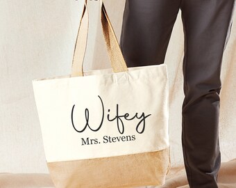 Personalised Wifey Bag - Bride Tote Bag- Wedding day Bag- Wedding Gift - Honeymoon Bag- New Mrs Bag - Just Married - Jute Bag- canvas