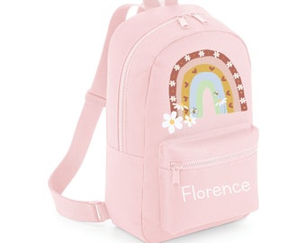 Personalised Rainbow, Bee and daisies Backpack Rucksack Back to school, nursery, school bag, play school available in 8 striking colours