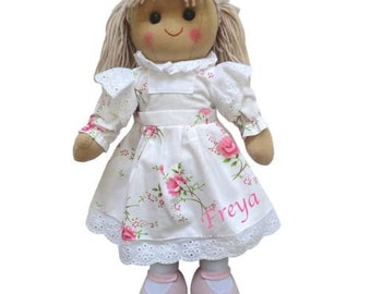 Personalised Traditional Rag Doll - White and Pink Embroidered Dress