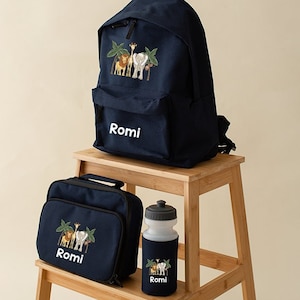 Sac à dos Safari personnalisé, boîte à lunch, ensemble de biberons - 2 tailles - Couleurs au choix - Animaux de safari - École - Chambre de bébé - Sac pour bébé