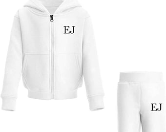 Personalised Initials Tracksuit Set Kids Boys Girls Toddler Set White Hoodie Jacket