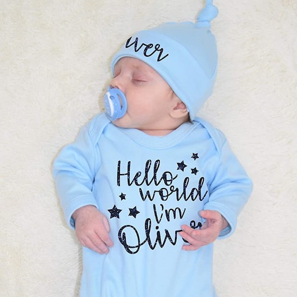 Hello World Personalised Baby Romper Set with Hat Blue White Baby boyBaby grow Sleepsuit New Baby Baby Announcement Baby Shower