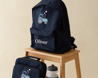 Personalised Tractor Name Backpack Rucksack ,lunch box, bottle set - 2 sizes - choice of colours- Blue Tractor - Farm - School - Nursery
