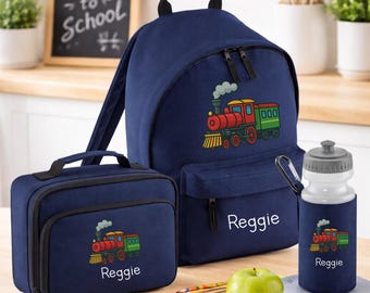 Personalised Steam Train Backpack, Lunch Bag, Water Bottle Set