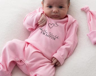 Personalised  Hello World babygrow - Pink with Hat -Baby girl- Baby grow - Sleepsuit - New Baby -Baby Announcement -Baby Shower - Hearts