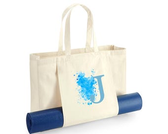 Personalised Yoga Bag - Yoga Mat Bag - Personalised Yoga Gifts - Yoga Bag - Tote Bag for Yoga- Pilates Bag- Organic tote Bag - Blue Initial