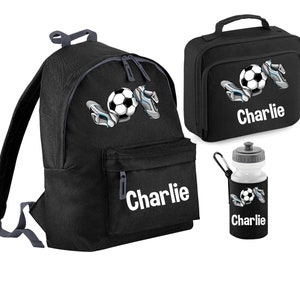 Personalised Football and boots lunch box, water bottle and rucksack/back pack cooler box, ideal for a packed lunch for children lunch bag