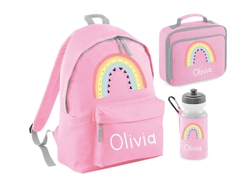 Personalised Rainbow lunch box, water bottle and rucksack/back pack cooler box, ideal for a packed lunch for children and adults, lunch bag