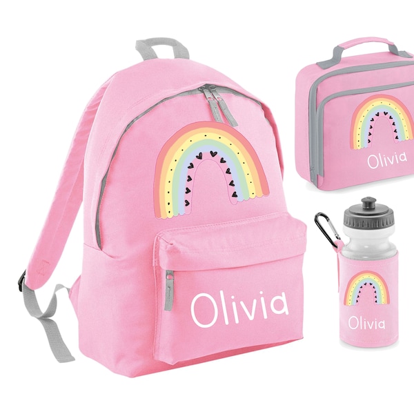 Personalised Rainbow lunch box, water bottle and rucksack/back pack cooler box, ideal for a packed lunch for children and adults, lunch bag