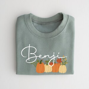 May include: Sage green sweatshirt with the name "Benji" written in white cursive script. The sweatshirt features a graphic of a row of orange and white pumpkins with autumn leaves and vines.