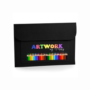 May include: Black felt pencil case with a row of coloured pencils and the text "ARTWORK by Poppy" in colourful letters.