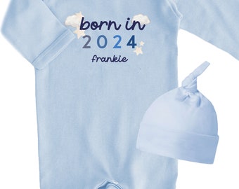 Hello World Personalised Born in 2024 Babygrow With Hat Blue Baby