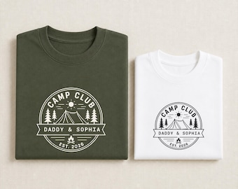Personalised Camping T-shirts | Matching Mini and Me Tops | Camp Club Family Holiday t shirts | Adult Child Camping Outfit