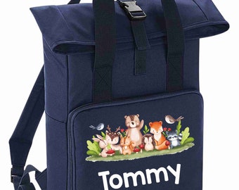 Personalisierter Rucksack Waldtiere, Waldtiere Recycled Mini Twin Handle Roll-Top, Rucksack Rucksack Kindergarten Sporttasche