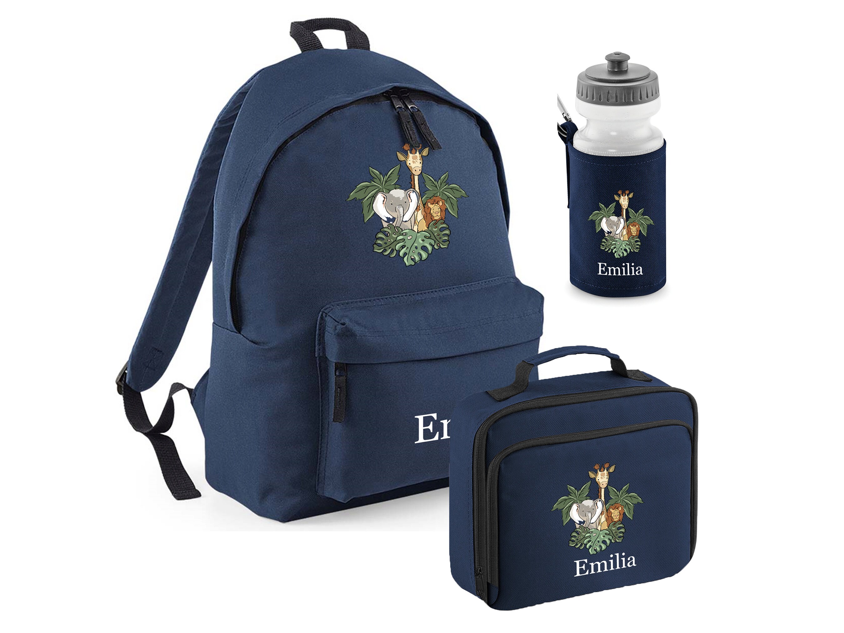 Personalised Safari Animals Lunch Box, Water Bottle and Rucksack/back ...
