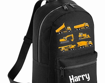 Personalised Construction, builders vehicles, name Backpack Rucksack Back to school, nursery, school bag, play school available in 8 colours