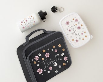 Personalised Flowers lunch nursery set school set water bottle - cooler box - sandwich box - Girly Flowers