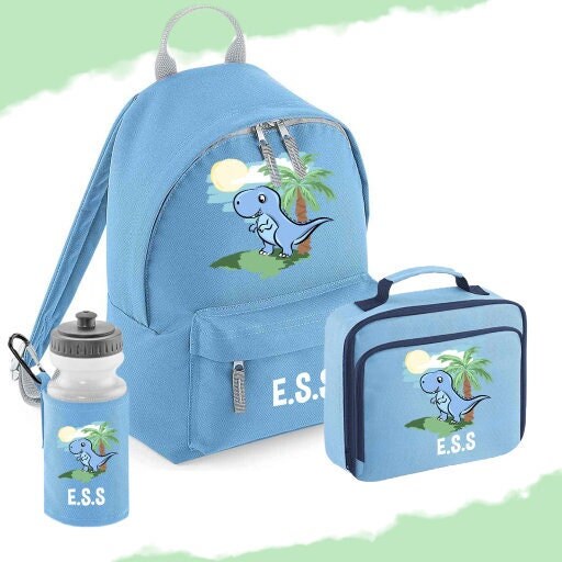 Personalised Dinosaur Bag Set Rucksack Backpack Lunch Bag Lunch Box Bottle Back to School Sky Blue Etsy