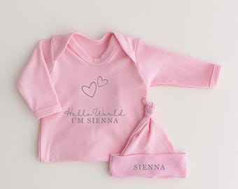 Personalised Hello World babygrow Pink with Hat -Baby girl- Baby grow  Sleepsuit New Baby -Baby Announcement -Baby Shower Hearts