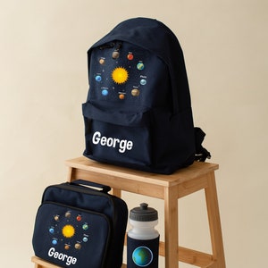 Sac à dos personnalisé avec nom système solaire, sac à dos, bouteille d'eau et sac à lunch - Cartable pour enfants pour la rentrée - Thème de l'espace, Planètes