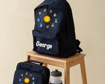 Personalised Solar system Name Backpack Rucksack, water bottle and lunch bag set - Children's Back to School Bag - space themed, Planets