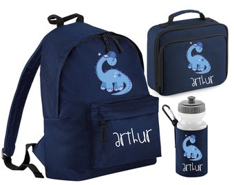 Personalised Dinosaur T rex lunch box, water bottle and rucksack/back pack cooler box, ideal for a packed lunch for children lunch bag