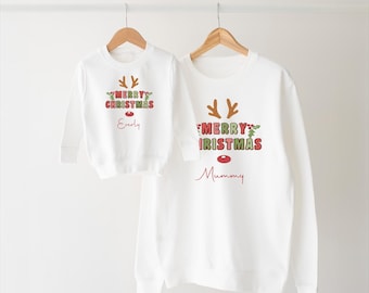 Personalised Family Matching Christmas Sweatshirt Novelty Jumper Baby Child Adult Mum Dad More Colours Reindeer Ears Merry Christmas