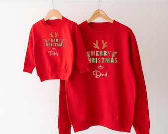 Personalised Family Matching Christmas Sweatshirt Novelty Jumper Baby Child Adult Mum Dad More Colours Reindeer Ears Merry Christmas