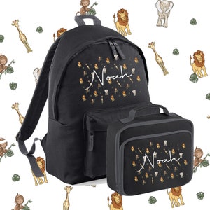Ensemble sac à dos et sac à lunch avec prénom personnalisé - Sac pour la rentrée scolaire pour enfants - Sac à dos Safari