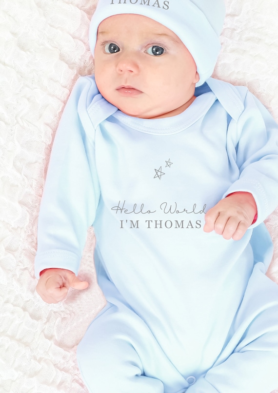 Hello World Personalised Baby Romper Set With Hat Blue Baby
