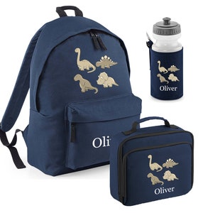 Personalised dinosaur lunch box, water bottle and rucksack/back pack cooler box, ideal for a packed lunchbox, bag and bottle