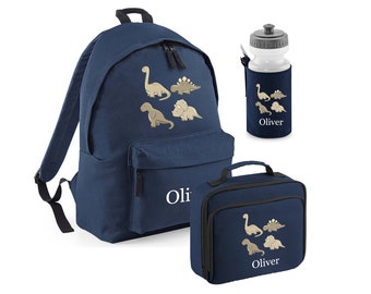 Personalised dinosaur lunch box, water bottle and rucksack/back pack cooler box, ideal for a packed lunchbox, bag and bottle