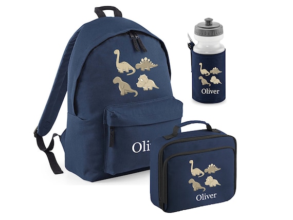 Personalised dinosaur lunch box, water bottle and rucksack/back pack ,lunchbox, bag and bottle More Colours, boys, girls,back to school bag