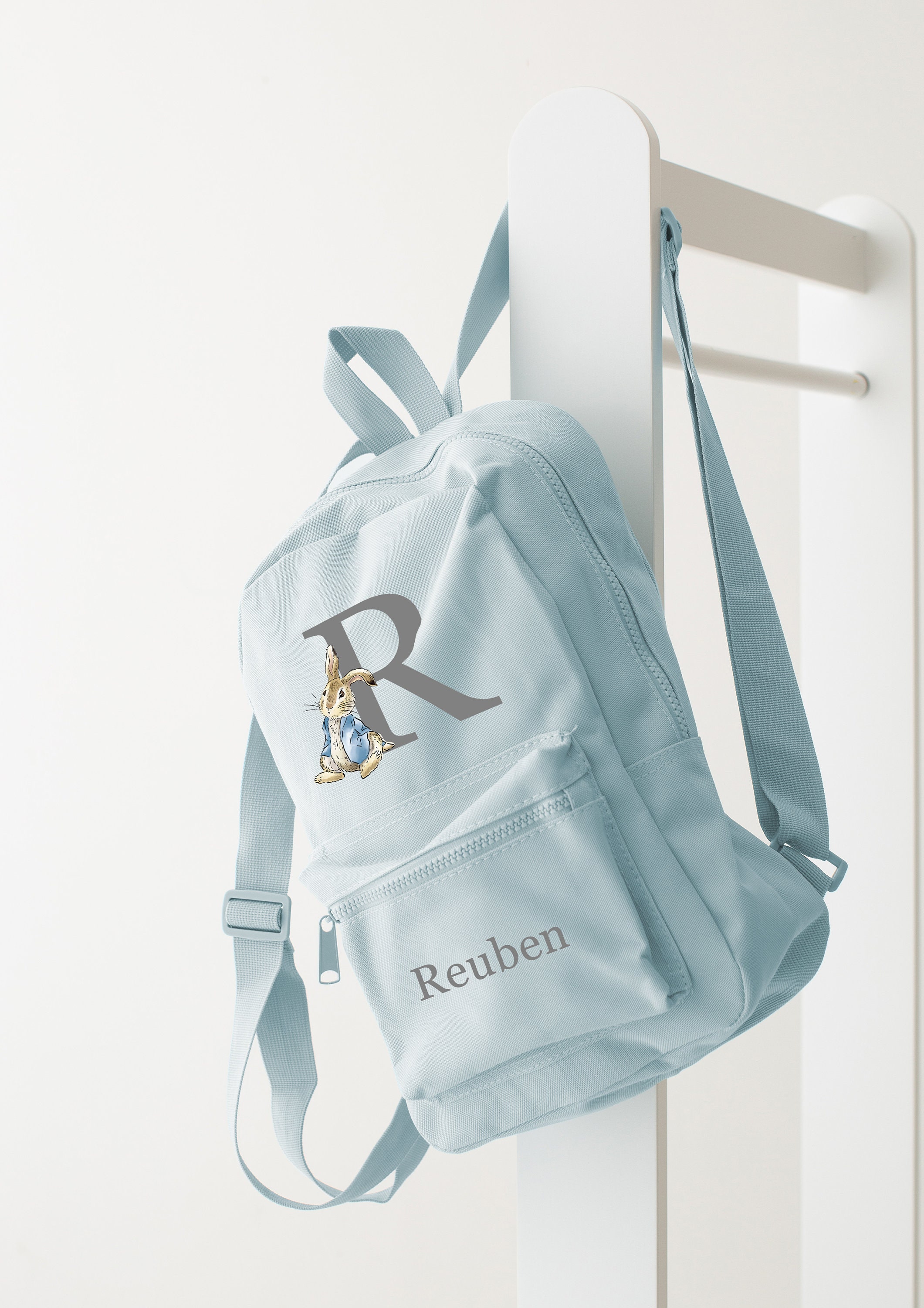 Personalised Rabbit bag and bottle set Rucksack backpack school nursery bag and bottle more colours - Rabbit blue coat