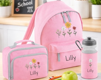 Personalised Flowers Backpack, Lunch Bag, Water Bottle Set