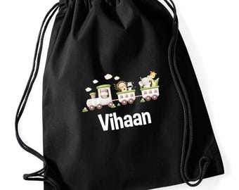 Personalised Safari Train Gym Bag, 100% Cotton Drawstring Bag