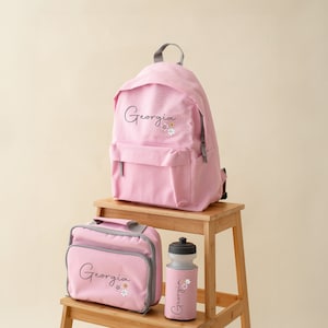 Prénom personnalisé et trois belles fleurs, ensemble bouteille d'eau et sac à lunch subtil et à la mode Prénom - Sac de rentrée pour enfants -