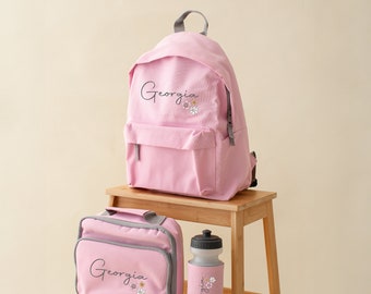 Prénom personnalisé et trois belles fleurs, ensemble bouteille d'eau et sac à lunch subtil et à la mode Prénom - Sac de rentrée pour enfants -
