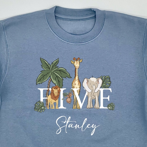 Sudadera Safari personalizada con cualquier nombre y edad. Regalo de cumpleaños. Sudadera con temática Safari para todo el año. Azul.