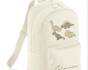 Personalised Dinosaur T rex and three other Dino's Backpack Rucksack Back to school, nursery, school bag, play school Stone dinosaurs
