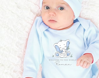 Personalised Welcome to the word Baby Romper Set with Hat, New Born, Baby Boy, Baby, Gift, Present Hello World Elephant blue or white