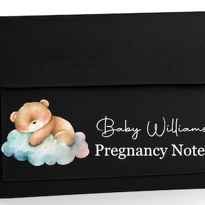 May include: Black felt folder with a pocket on the front. The pocket has a watercolour illustration of a brown bear sleeping on a blue cloud. The text "Baby Williams Pregnancy Notes" is printed in white on the front of the folder.