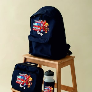Sac à dos personnalisé avec nom pompier et camion de pompiers, sac à dos, bouteille d'eau et sac à lunch - Sac pour la rentrée des enfants - Pompier