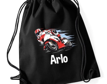 Personalised Motor bike Gym Bag, 100% Cotton Drawstring Bag-Motor racing