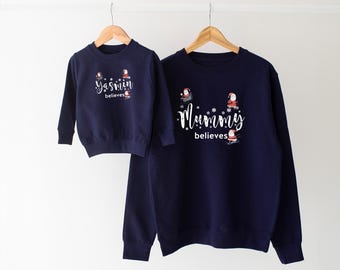 Personalised Family Matching Christmas Sweatshirt  Jumper Baby Child Adult Mum Dad More Colours Any Name believes Novelty Santa
