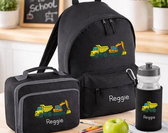 Personalised Construction Truck Backpack, Lunch Bag, Water Bottle Set
