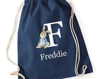 Personalised Rabbit Gym Bag, 100% Cotton Drawstring Bag-Blue coat